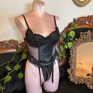 Vintage Lace corset top set satin Babydoll Lingerie Set Size S Black